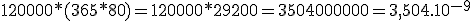  120 000*(365*80) = 120 000 * 29200 = 3504000000 = 3,504.10^{-9}