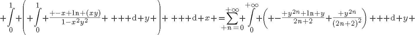  3$ \int_0^1 \left( \int_0^1 \frac{ -x \ln (xy)}{1-x^2y^2} \, {\rm d} y \right) \, {\rm d} x =\sum_{ n=0}^{+\infty} \int_0^{+\infty} \left( -\frac{ y^{2n} \ln y}{2n+2}+\frac{ y^{2n}}{(2n+2)^2}\right)\, {\rm d} y 
