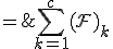 \large\array{ccl$E(T) & = & \Bigsum_{k=1}^c \mathcal {(F)}_k \\ & = & \Bigsum_{k=1}^c \(\(\frac{1}{c p_1}-1\)+\frac{k}{c}\) \\ & = & c\(\frac{1}{c p_1}-1\) \;+\; \frac 1 c\,\frac{c(c+1)}{2} \\ & = & \frac{1}{ p_1} - c+ \frac{c+1}{2}}