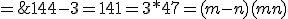  \left{ \array{ C+12^2 & = & m^2 \\C+\frac {12} 3 & = & n^2 \\ \hline 12^2-\frac {12}3 & = & m^2-n^2 }\right. \;\Longrightarrow\; 144-3 = 141 = 3*47 = (m-n)(m+n)