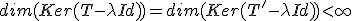  dim(Ker(T-\lambda Id)) = dim(Ker(T'-\lambda Id))<\infty