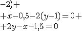 \rm \vec{IM}(x-0,5;y-1)
 \\ \vec{n}(1;-2)
 \\ x-0,5-2(y-1)=0
 \\ 2y-x-1,5=0