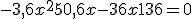 -3,6x^2+50,6x-36x+136 = 0