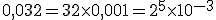 0,032 = 32\times 0,001 = 2^5\times 10^{-3}