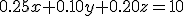 0.25x+0.10y+0.20z=10