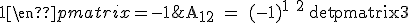 \textrm A_{12} = (-1)^{1+2} \det\begin{pmatrix}3&1\\2&1\end{pmatrix} = -1