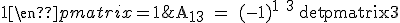 \textrm A_{13} = (-1)^{1+3} \det\begin{pmatrix}3&1\\2&1\end{pmatrix} = 1