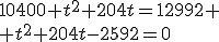 10400+t^2+204t=12992
 \\ t^2+204t-2592=0