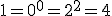 1=0^0=2^2=4