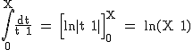 2$\textrm\Bigint_{0}^{X}\fra{dt}{t+1} = \Big[ln|t+1|\Big]_0^{X} = ln(X+1)