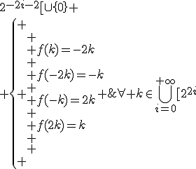 \displaystyle\forall k\in\bigcup_{i=0}^{+\inft}[2^{2i};2^{2i+1}[\cup[2^{-2i-1};2^{-2i-2}[\cup\left\{0\right\}
 \\ \left\{
 \\ \begin{array}{lr}
 \\ f(k)=-2k\\
 \\ f(-2k)=-k\\
 \\ f(-k)=2k\\
 \\ f(2k)=k\\
 \\ \end{array}
 \\ \right.
