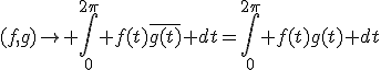 3$(f,g)\rightarrow \Bigint_0^{2\pi} f(t)\overline{g(t)} dt=\Bigint_0^{2\pi} f(t)g(t) dt