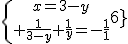 3$\{{x=3-y\atop \frac{1}{3-y}+\frac{1}{y}=-\frac{1}{6}}
