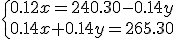 3$\{0.12x=240.30-0.14y\\0.14x+0.14y=265.30