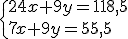 3$\{24x+9y=118,5\\7x+9y=50,5