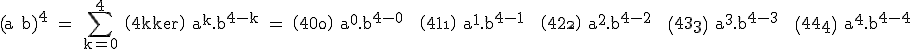 3$\rm (a+b)^4 = \Bigsum_{k=0}^4 \(4\\k\) a^k.b^{4-k} = \(4\\0\) a^0.b^{4-0} + \(4\\1\) a^1.b^{4-1} + \(4\\2\) a^2.b^{4-2} + \(4\\3\) a^3.b^{4-3} + \(4\\4\) a^4.b^{4-4}