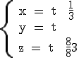 3$\rm \{ x = t + \frac{1}{3} \\ y = t \\ z = t + \frac{8}{3}