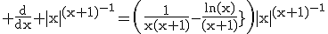 3$\rm \frac{d}{dx} |x|^{(x+1)^{-1}}=\(\frac{1}{x(x+1)}-\frac{ln(x)}{(x+1)^{2}}\)|x|^{(x+1)^{-1}}