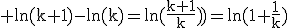 3$\rm ln(k+1)-ln(k)=ln(\frac{k+1}{k}))=ln(1+\frac{1}{k})
