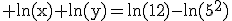 3$\rm ln(x)+ln(y)=ln(12)-ln(5^{2})