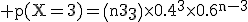 3$\rm p(X=3)=\(n\\3\)\times0.4^3\times0.6^{n-3}