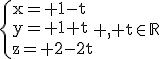 3$\textrm\{{x= 1-t\\y= 1+t\\z= 2-2t} , t\in\mathbb{R}