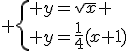 3$ \left{ y=\sqrt{x} \\ y=\frac{1}{4}(x+1)