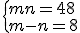 3$ \left{m+n = 48 \\ m-n = 8