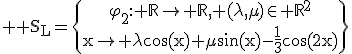 3$ \rm S_L=\{\begin{array}{c}\varphi_2: \mathbb{R}\to \mathbb{R}, (\lambda,\mu)\in \mathbb{R}^2\\x\to \lambda\cos(x)+\mu\sin(x)-\frac{1}{3}\cos(2x)\end{array}\}