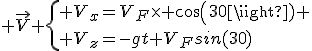 3$ \vec{V} \{ V_x=V_F\time cos(30) \\ V_z=-gt+V_Fsin(30)