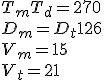 3$T_m + T_d=270
 \\ 
 \\ D_m = D_t + 126
 \\ 
 \\ V_m = 15
 \\ 
 \\ V_t = 21