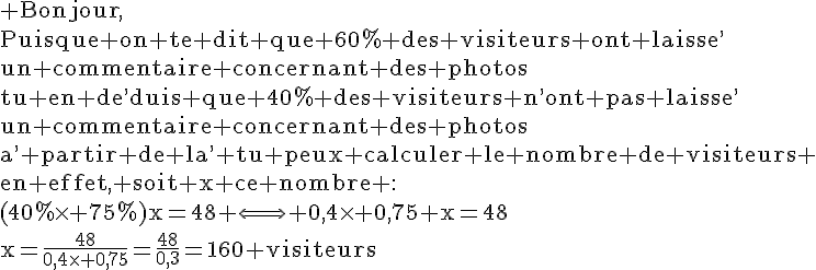 4$\rm Bonjour,\\Puisque on te dit que 60% des visiteurs ont laisse^,\\un commentaire concernant des photos\\tu en de^,duis que 40% des visiteurs n^,ont pas laisse^,\\un commentaire concernant des photos\\a^, partir de la^, tu peux calculer le nombre de visiteurs \\en effet, soit x ce nombre :\\(40%\times 75%)x=48 \Longleftrightarrow 0,4\times 0,75 x=48\\x=\frac{48}{0,4\times 0,75}=\frac{48}{0,3}=160 visiteurs