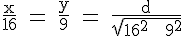 4$ \rm \frac{x}{16} = \frac{y}{9} = \frac{d}{\sqrt{16^2 + 9^2}}