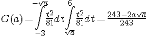 4$G(a) = \int_{-3}^{-sqrt{a}}\frac{t^2}{81} dt + \int_{sqrt{a}}^6 \frac{t^2}{81} dt = \frac{243 - 2 a \sqrt{a}}{243}