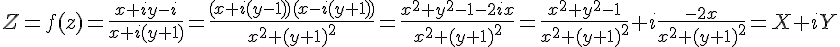 4$Z=f(z)=\frac{x+iy-i}{x+i(y+1)}=\frac{(x+i(y-1))(x-i(y+1))}{x^2+(y+1)^2}=\frac{x^2+y^2-1-2ix}{x^2+(y+1)^2}=\frac{x^2+y^2-1}{x^2+(y+1)^2}+i\frac{-2x}{x^2+(y+1)^2}=X+iY