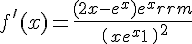 4$f^{\prime}(x) = \frac{{(2 + x - {e^x}) {e^x}{\rm{ }}}}{{{{\left( {{\rm{ }}x{e^x} + 1{\rm{ }}} \right)}^2}}} 