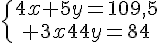 5$\{{4x+5y=109,5\atop 3x+4y=84}
