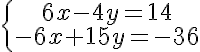 5$\left{\array{6x-4y=14\\-6x+15y=-36}