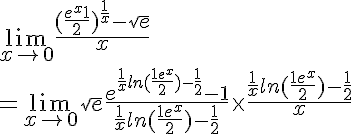 5$ \lim_{x\to 0} \frac{(\frac{e^x+1}{2})^{\frac{1}{x}}-\sqrt{e}}{x}
 \\ = \lim_{x\to 0} \sqrt{e} \frac{e^{\frac{1}{x}ln(\frac{1+e^x}{2})-\frac{1}{2}}-1}{\frac{1}{x}ln(\frac{1+e^x}{2})-\frac{1}{2}} \time \frac{{\frac{1}{x}ln(\frac{1+e^x}{2})-\frac{1}{2}}}{x}
