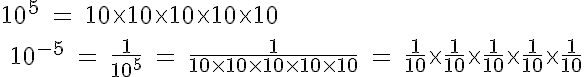 5$ \rm 10^5 = 10\times10\times10\times10\times10 \\ \\ 10^{-5} = \frac{1}{10^5} = \frac{1}{10\times10\times10\times10\times10} = \frac{1}{10}\times\frac{1}{10}\times\frac{1}{10}\times\frac{1}{10}\times\frac{1}{10}