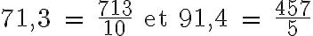 6$\textrm71,3 = \frac{713}{10} et 91,4 = \frac{457}{5}