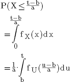 6$ \rm P(X\le \frac{t-b}{a})
 \\ 
 \\ =\Bigint_0^{\frac{t-b}{a}}f_X(x)dx
 \\ 
 \\ =\frac{1}{a}.\Bigint_b^{t}f_U(\frac{u-b}{a})du