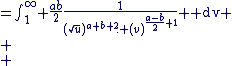 \large \begin{align*} \\ f_U(u) &=\int_1^{\infty} \frac{ab}{2}\frac{1}{(\sqrt{u})^{a+b+2}. (v)^{\frac{a-b}{2}+1}} \mathrm dv \\ \\ &= \frac{ab}{2(\sqrt{u})^{a+b+2}}. \int_1^{\infty} \frac{1}{(v)^{\frac{a-b}{2}+1}} \mathrm dv \\ \\ &= \frac{ab}{2(\sqrt{u})^{a+b+2}}.[\frac{-2v^{\frac{b-a}{2}}}{(a-b)}]_1^{\infty} \\ \end{align*}