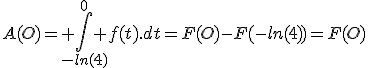A(O)= \int_{-ln(4)}^{0} f(t).dt=F(O)-F(-ln(4))=F(O)