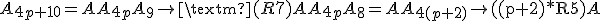 A_{4p+10}=AA_{4p}A_{9}\rightarrow\text{(R7)}AA_{4p}A_{8}=AA_{4(p+2)}\rightarrow\text{((p+2)*R5)}A