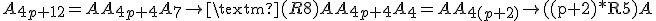 A_{4p+12}=AA_{4p+4}A_{7}\rightarrow\text{(R8)}AA_{4p+4}A_{4}=AA_{4(p+2)}\rightarrow\text{((p+2)*R5)}A