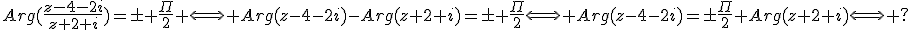 Arg(\frac{z-4-2i}{z+2+i})=\pm \frac{\Pi}{2} \Longleftrightarrow Arg(z-4-2i)-Arg(z+2+i)=\pm \frac{\Pi}{2}\Longleftrightarrow Arg(z-4-2i)=\pm\frac{\Pi}{2}+Arg(z+2+i)\Longleftrightarrow ?