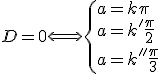D=0\Longleftrightarrow\{a=k\pi\\a=k'\frac{\pi}{2}\\a=k''\frac{\pi}{3}