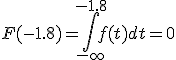 F(-1.8) = \int_{-\infty}^{-1.8} f(t)dt = 0