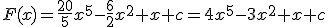 F(x)=\frac{20}{5}x^5-\frac{6}{2}x^2+x+c=4x^5-3x^2+x+c
